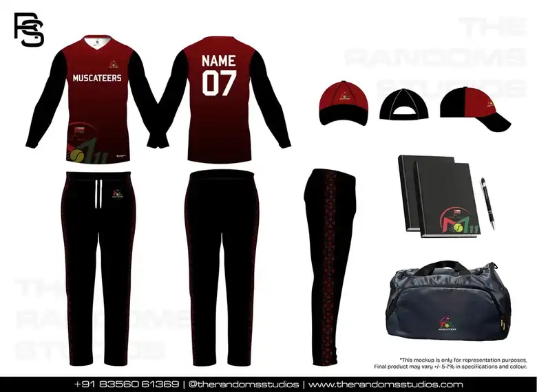 Cricket kit design mockup by The Randoms Studios: full-sleeve jersey, track pants, caps and kit bag