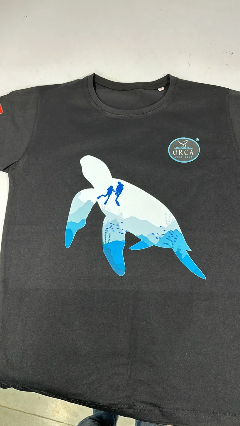 Black round-neck t-shirt with turtle graphic print