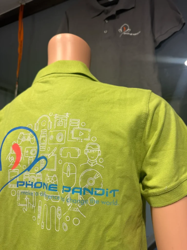 Lime green polo with printed logo for Phone Pandit