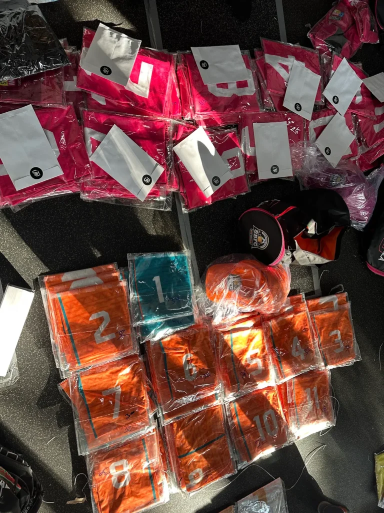 SBFC tournament jerseys packed and labelled per team