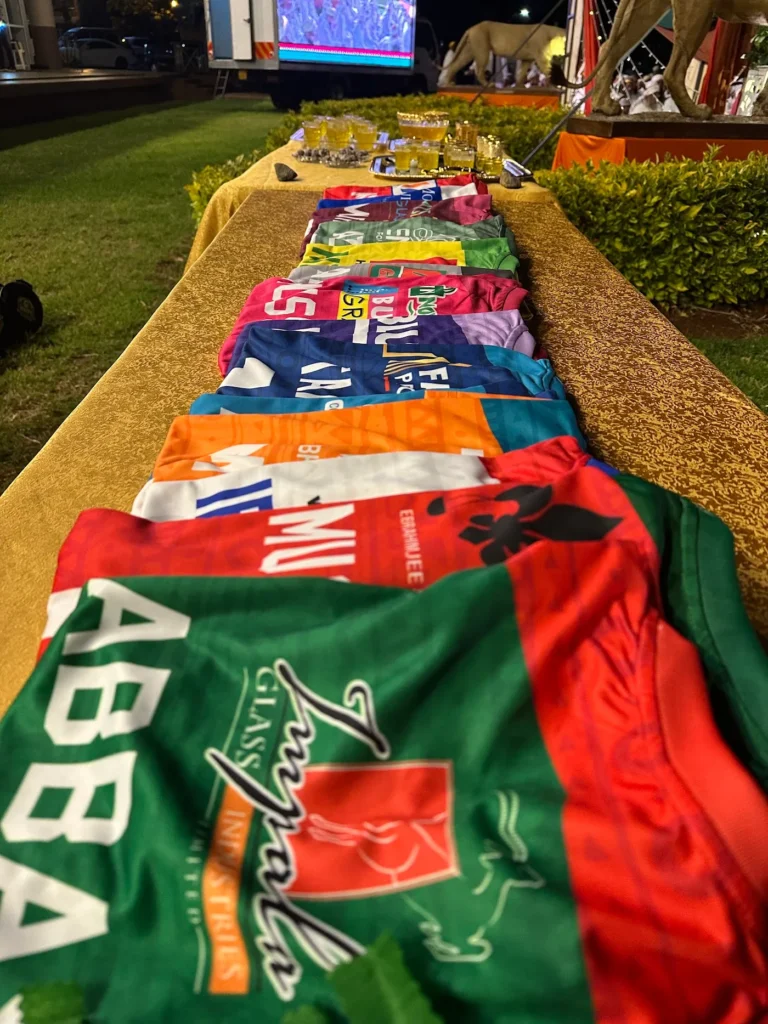 Tournament team jerseys laid out at the venue
