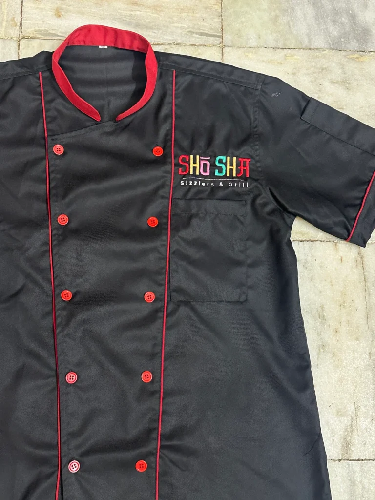 Chef coats with embroidered restaurant logo for Shosha