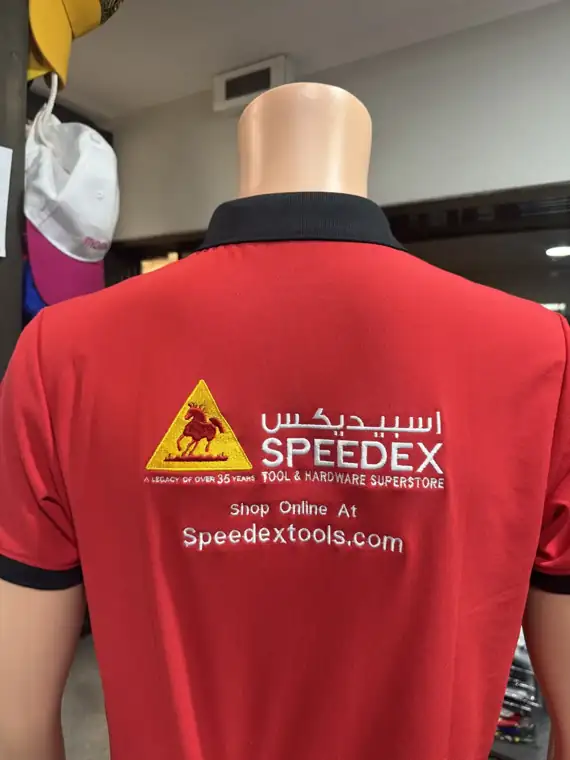 Red polo with Speedex logo embroidered across the back